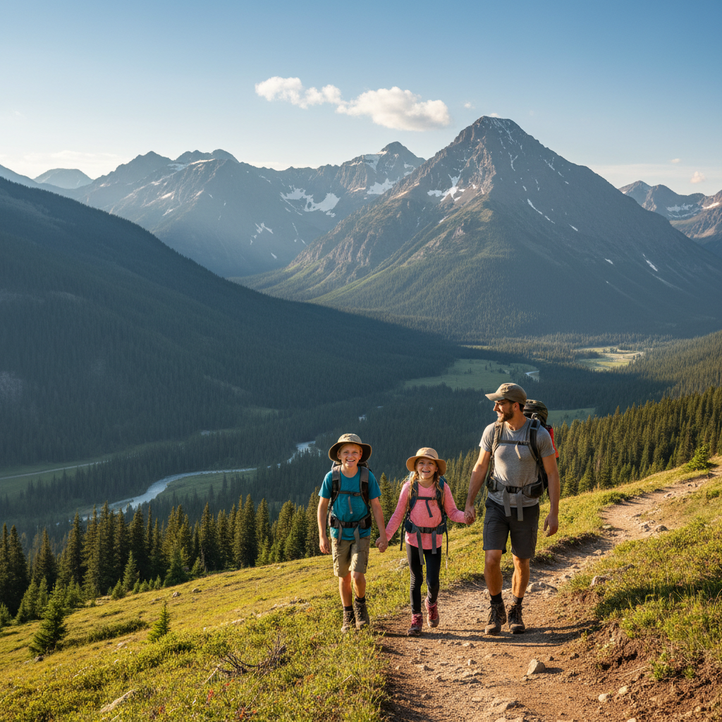 A father and his two children hike along a scenic mountain trail with snow-capped peaks in the background.