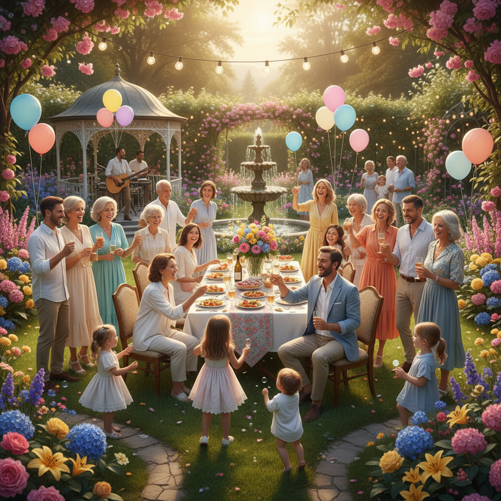 A large group of smiling adults and children gather around a banquet table in a lush, sunlit garden filled with colorful flowers, balloons, and a central fountain.